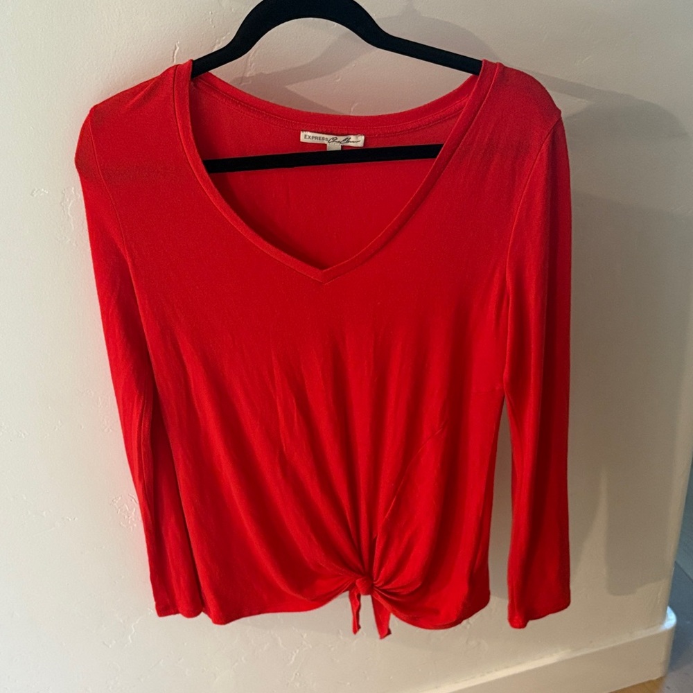 Express Red Long Sleeve V-Neck Top